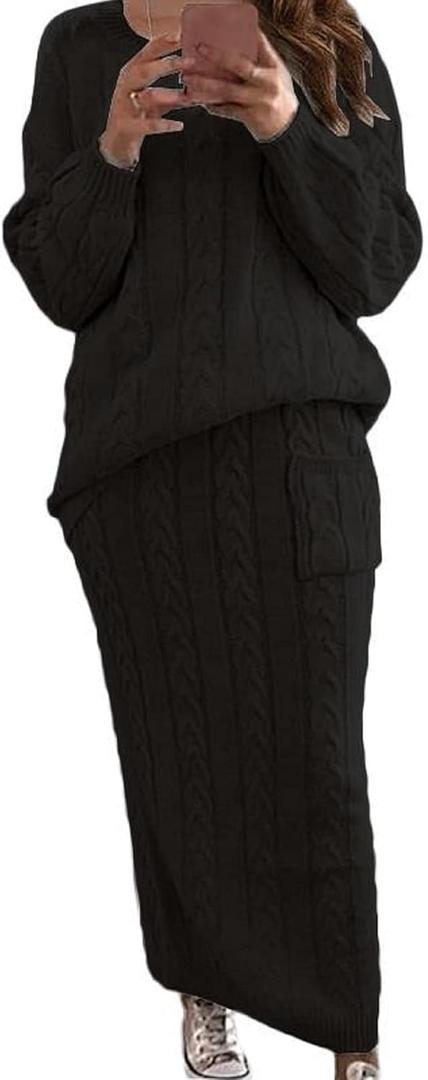 CHARTOU Women's Winter Chunky Cable Knit Long Skirt 2 Piece Outfit Sweater Sets (Large, Black)