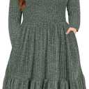 CARCOS Plus Size Dresses for Curvy Women Crew/Vneck Long Sleeve Dresses Ladies Knee Long Fall Winter Dress with Pocket, Small