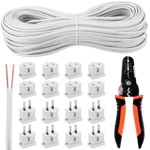 200ft 18/2 Christmas SPT-1 Electrical Wire Blank Lighting Landscape Wire Zip Cord Wire 18 Gauge 2 Conductor Wire with 16 Male Female Plug Wire Stripper for Xmas Holiday Outdoor Light (White)