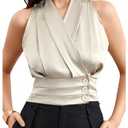 SweatyRocks Women's Pleated V Neck Sleeveless Blouses Office Dressy Shirts Apricot Size XS