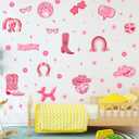YIMEHDAN Pink Cowgirl Wall Decal, Boots Horseshoe Iron Hat Disco Ball Vinyl Wall Stickers, Removable Preppy Western Girls Artwork for Teen Bedroom Dormitory Decor