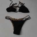 TASHEHE Women's Thong Bikini Set Double Layer Bikini Sexy Triangle Halter Two Piece Swimsuit Y2k Bathing Suit (Large, 507 - Black / Leopard)