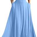 YMDUCH Women's Casual Short Sleeve Square Neck Solid Slim Flowy Maxi Dress with Pockets (Blue, S)