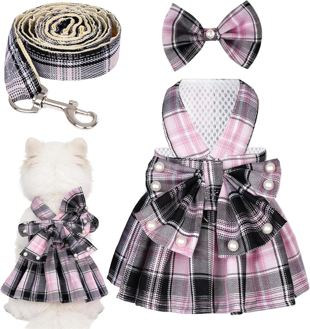 Dog Plaid Dress Harness and Leash Set with Pearls Bow Adjustable Puppy Dress Mesh Vest Bow Knot Pet Clothes for Cute Girl Dog Cat (Medium, Pink&Black)
