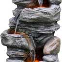 Teamson Home 39.37 in. Outdoor Faux Stacked Stone 4-Tier Water Fountain with LED Lights and Pump, Gray