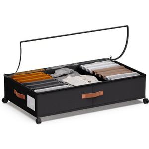 Under Bed Storage with Wheels - Rolling Underbed Containers with PVC Clear Lid & Dividers, 600D Oxford Fabric, PU Leather Handles, Adjustable Magic Tape Partition, XXL 66L (1, Black)