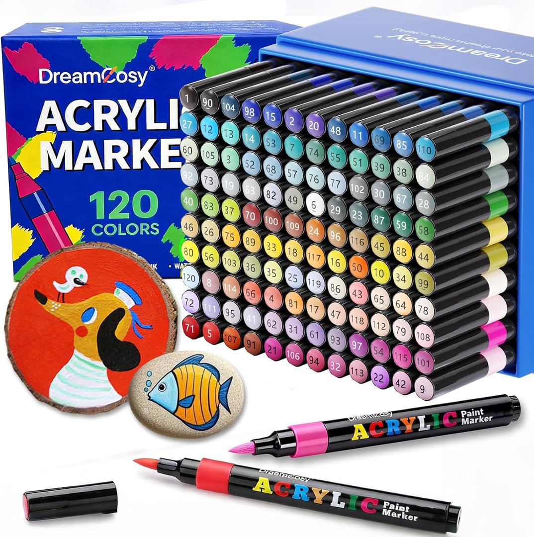 120 Colors Acrylic Markers Set,Brush Tip Acrylic Paint Pens for Painting on Rocks, Canvas, Ceramic, Wood, Glass - Perfect for Artists, Kids and Adults - DIY Crafts, Holiday Decorations & Art Supplies
