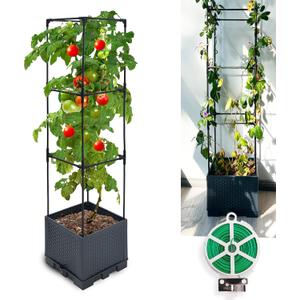 Raised Garden Bed Tomato Planter Box with Trellis, 44" Self-Watering Tomato Cage with Square Trellis for Climbing Plants, Flowers, Vegetables, Vine in Patio Garden Indoor Outdoor (3 tiers-44"-1 PACK)