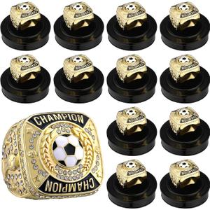 Landical 12 Pcs Soccer Championship Rings Soccer Champion Trophy Rings Sport Ball Award Gift Prize with Display Neck Chain and Stand for Tournament or Champion Winner
