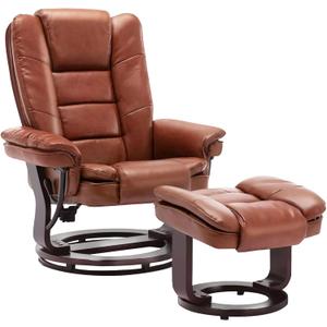 JC Home Argus Swivel Recliner with Ottoman, PU Leather & Wood Base Reclining Chair with Footrest, Ultra-Plush Double Foam for Living Room, Bedroom and Office (Brown)