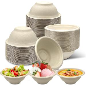 150 Pack Small Heavy-Duty Disposable Compostable Bowls, Natural Bagasse, 8 oz for Sample, Snack, Ice Cream, Salad, Soup, Dessert, Condiment, Sauce