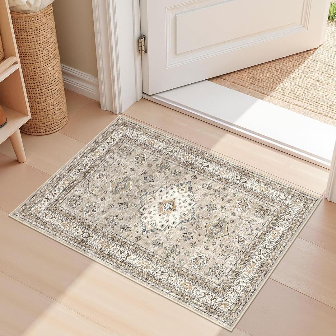 Vintage Living Room Area Rug 2x3 - Large Soft Washable Oriental Traditional Distressed Farmhouse Rugs for Bedroom - Indoor Floor Accent Carpet for Home Office House Decor - Beige