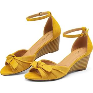 Women's 2.36 Inch Wedge Heel Sandals Peep Open Toe Adjustable Ankle Strap Bow Knot Dressy Comfort Summer Shoes for Wedding Party Work Daily Vacation Size 7