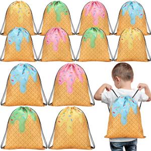Sunnymove 16 Pcs Ice Cream Party Favor Bags Cute Ice Cream Summer Drawstring Backpacks Sweet Candy Goodie Treat Gift Bags for Birthday Pool Party Two Sweet Birthday Wedding Decorations Donut Decor