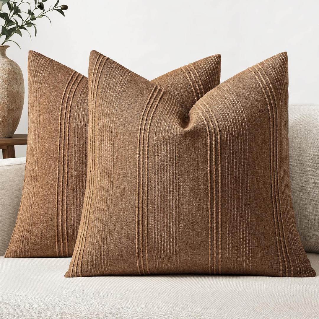 MIULEE Striped Euro Sham Pillow Covers 26x26 Decorative Textured Throw Pillow Covers Pack of 2 Linen Cushion Cases for Couch Bed Sofa Livingroom Farmhouse Home Decor, Sugar Brown