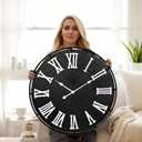 EMAX HOME 30 Inch Large Wooden Wall Clock – Extra Large FarmhouseWall Clock with 3D Roman Numerals & Herringbone Splicing, Black Modern Wood Wall Clock for Living Room