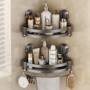 VOLPONE Corner Shower Caddy Suction Cup, 2 Pack Shower Shelves No Drilling, Showers Organizer Storage with Towel Bar & Removable Hooks, Bathroom Shower Shelf Rack for Inside Showers
