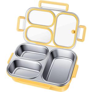 KTKUDY Stainless Steel Bento Box for Kids & Adults - 25 oz - Leakproof 3 Compartment Metal Lunch Container - 18/8 Stainless Steel Lunch Box Kids - Ideal for School, Office & Outdoor (Yellow)