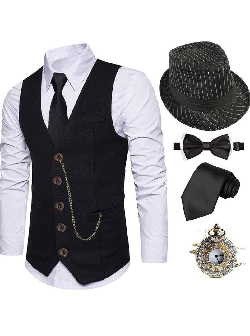 EFORLED 1920s Mens Costume Fedora Hat,Gatsby Gangster Vest,Vintage Pocket Watch,Pre Tied Bow Tie,Tie Size XL