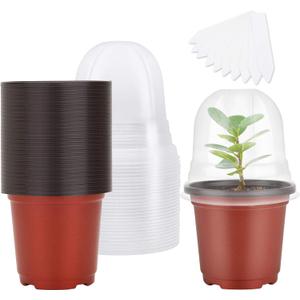 MIXC Plant Nursery Pots with Humidity Dome 4" Soft Transparent Plastic Gardening Pot Planting Containers Cups Planter Small Starter Seed Starting Trays for Seedling with 10pcs Plant Labels30 Sets (Red)