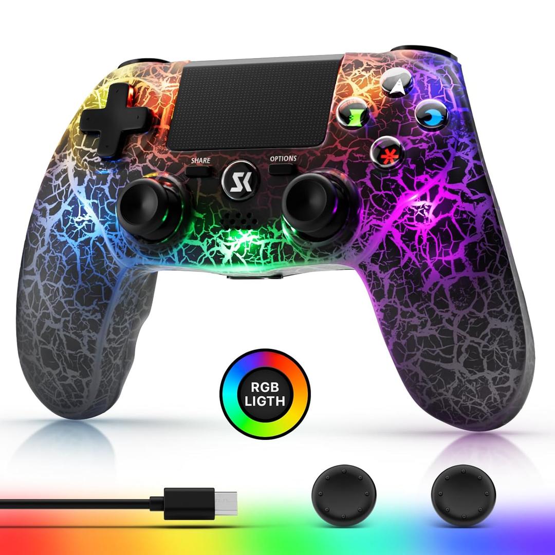 Wireless Controller for PS4, Black Crack Custom Design, Adjustable RGB Light,1000mAh Battery, Double Vibration, 6-Axis, Built-in Speaker & 3.5mm Headphone Jack, Gamepad Compatible with PlayStation 4