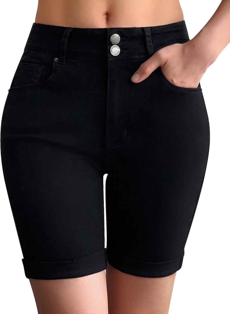 roswear Women's Mid Rise Skinny Butt Lifting Stretchy Bermuda Jeans Shorts (Medium, Black)