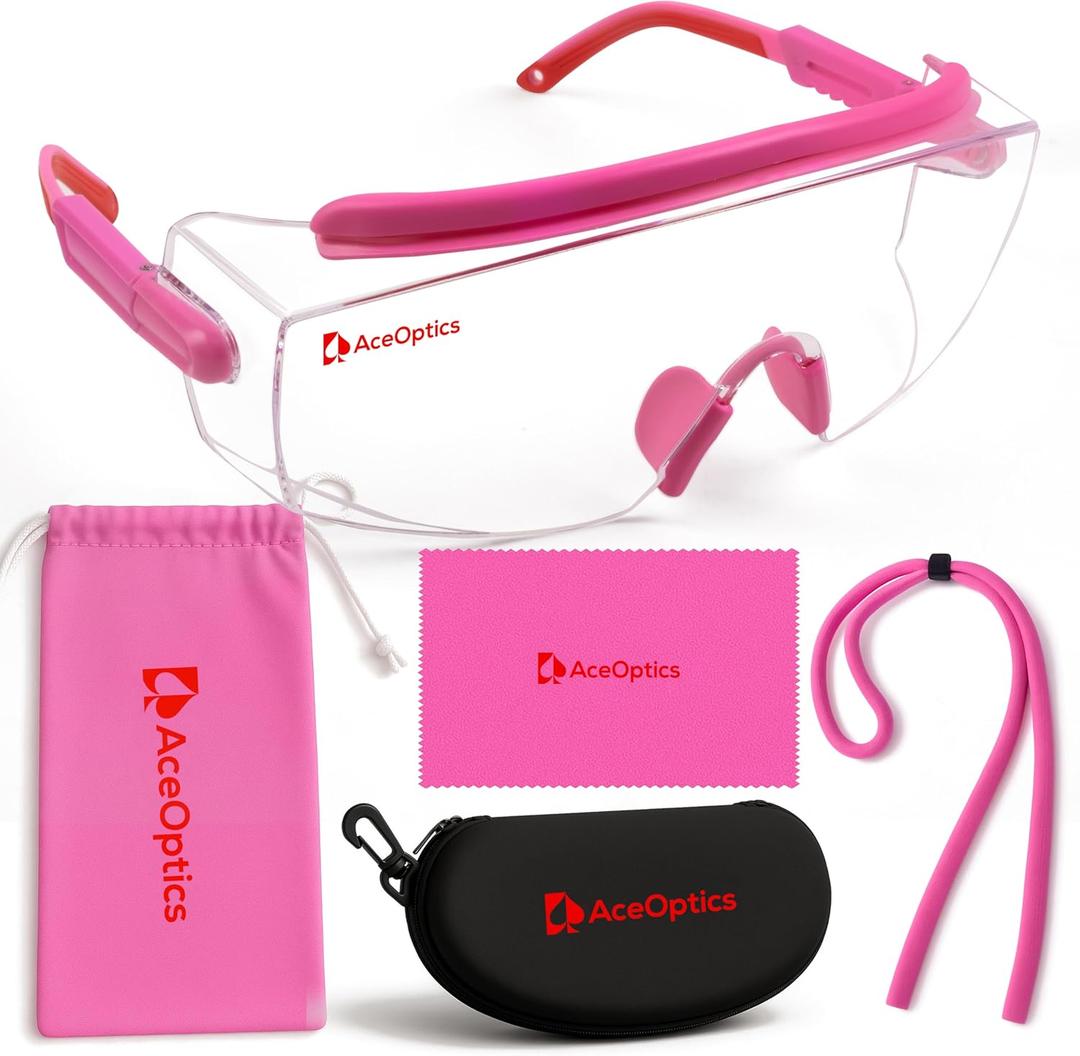 Safety Glasses & Goggles  ANSI Z87, Adjustable, 5X Anti-Fog ClearShield Lenses, Includes Premium EVA Hard Case (Pink)