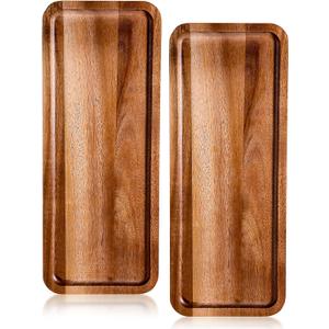 Small Charcuterie Boards Rectangular Long Wooden Platters Acacia Wood Serving Tray 2 Pcs Wooden Tray Kitchen Charcuterie Platter for Food Cookie Dessert Fruit Snack, 14" x 5.5" x 0.6"