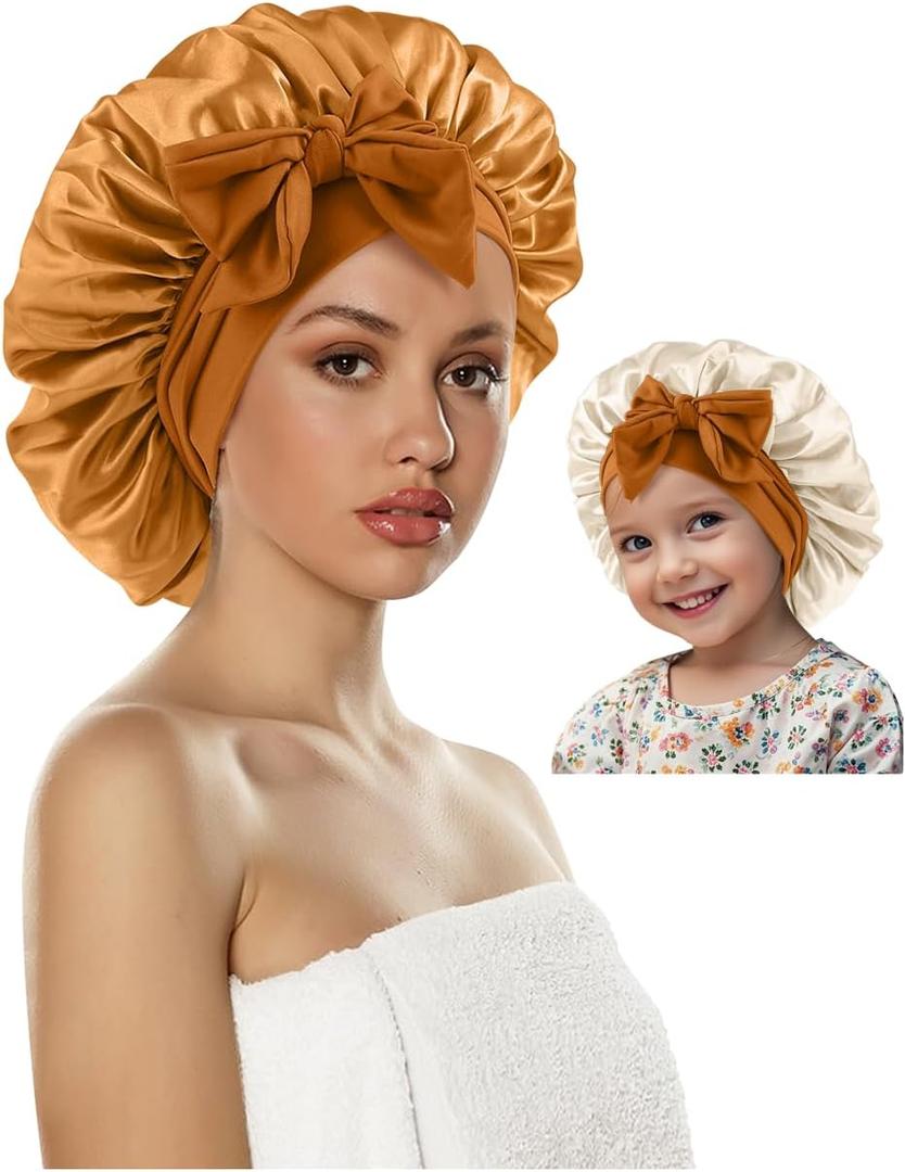 Satin Silk Hair Bonnet for Sleeping Women Kids, Double Layer Bonnet with Tie Band for Girls Boys Curly Hair Night Cap (Small, 13)