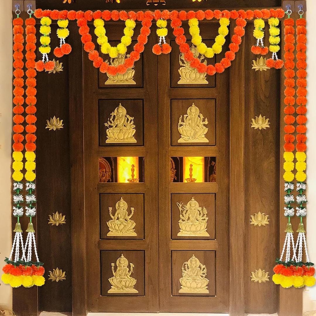 Marigold Garland for Diwali Decoration- 5PCS 5FT Artificial Marigold String Bandarwal Toran Porch Valance Mandir Pooja Decor Mandap Wedding Housewarming Patio Party Backdrop Ornament