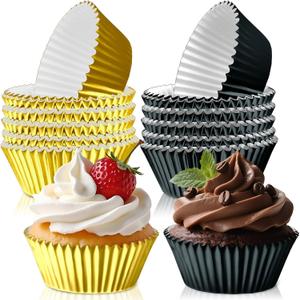 2 x 200PCS Black and Gold Cupcake Liners Muffin Baking Cups Wrappers for Retirement Birthday Party Supplies Disposable Cupcake Papers for Black Golden Masquerade Party Decorations