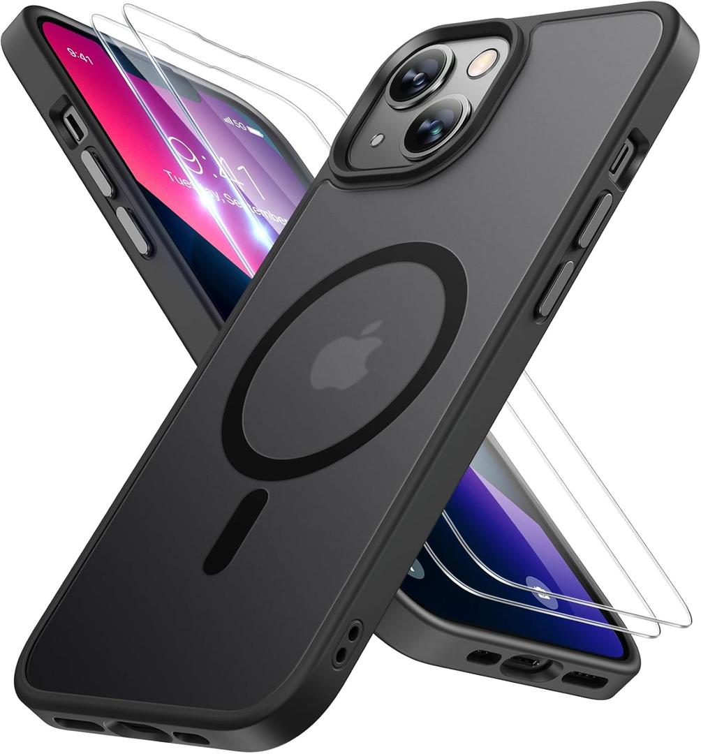 Miracase Magnetic for iPhone 13 Case 6.1 inch (Compatible with MagSafe)with 2X Screen Protectors Military-Grade Protection, Anti-Fingerprint Translucent Matte Phone Case Cover, Black