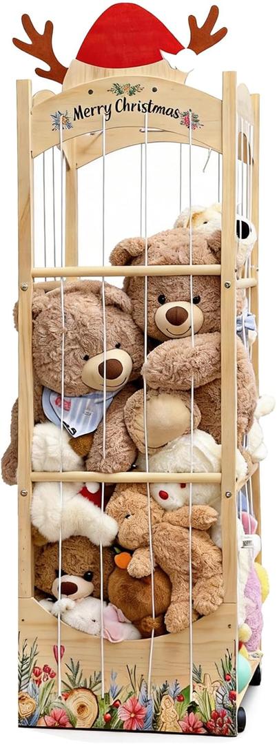 Stuffed Animal Storage,Christmas Reindeer Stuffed Animal Organizer, Movable Stuffed Animal Holder with Elastic Cords for Nursery Playroom Kidroom Bedroom