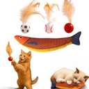 Cat Bouncy Ball with Feather and Catnip Fish Toy set, Soft Cat Toys Fish Shaped Catnips Toys, Interactive Chew Catnip Kicker Toy With Crinkle Sound, Feather Ball For Indoor Cats Kitten (Sport)
