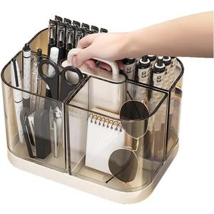 Stackable Caddy Organizer with Handle, Transparent Portable Desk Caddy for Art Craft Supplies, Office, Stationery, Pen Pencil Holder, Kitchen, Utensil, Makeup Organizer (Light White)