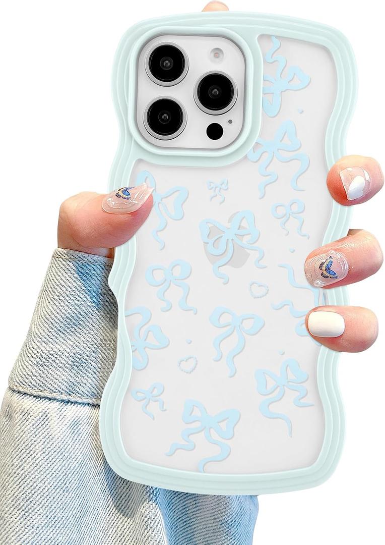 Aitipy for iPhone 16 Pro Case, Wavy Frame Cute Ribbon Bowknot Pattern Aesthetic Transparent Back Soft TPU Shockproof Phone Case for Women Girls, Blue