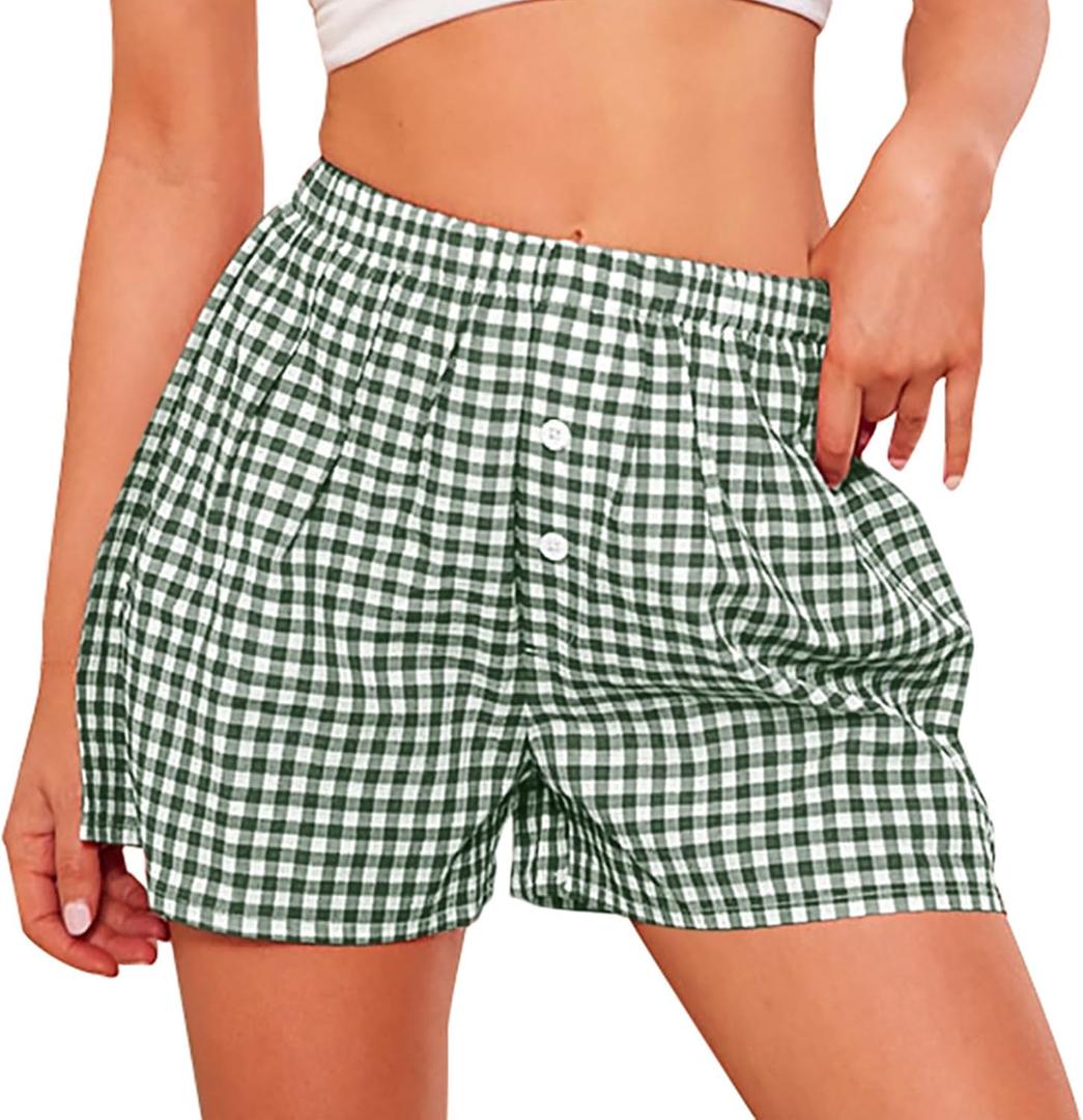 PRETTYGARDEN Womens Shorts Boxers 2025 Summer Gingham Pajama Lounge Sleep Y2K Plaid Pj Shorts Beach Bottoms (Small, Green)