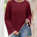 ZESICA Women's Oversized Long Sleeve Sweaters Fall Crewneck Color Block Loose Ribbed Knit Pullover Tops (Red, L)