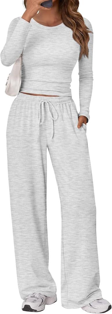 Trendy Queen Women's 2 Piece Matching Lounge Set Long Sleeve Side Ruching Top Wide Leg Drawstring Pants Set with Pockets, Small