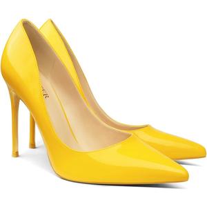 COLETER Women's 4 Inch Pumps Pointy Toe Wedding Dress Shoes Slip on Stiletto Pumps Patent Yellow 9US