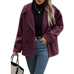 CHOUYATOU Women's Winter Loose Fit Cropped Wool Coat Double Breasted Dressy Short Blazer Jacket Peacoat (Medium, Burgundy)