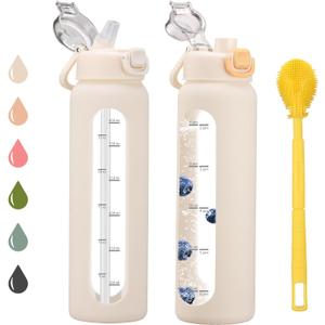 32 oz Glass Water Bottles with 2 Lids-Handle Spout Lid & Straw Lid, 1 Liter Motivational Borosilicate Water Bottle with Time Marker and Silicone Sleeve,Leakproof-White-1 Pack