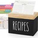 Dahey Wooden Recipe Box Black Recipe Organizer with 100 Recipe Cards and 6 Dividers, Recipe Card Holder Box Set with Brown Lid and Slots to Write in Your Own Recipes for Cooking Lover Kitchen (6.9x4.3)