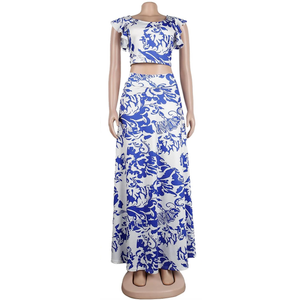 Womens Summer Sexy 2 Pieces Outfits Ruffle Floral Tank Top Wrap Boho Tropical Long Skirt Set Clubwear Dresses, Size S 