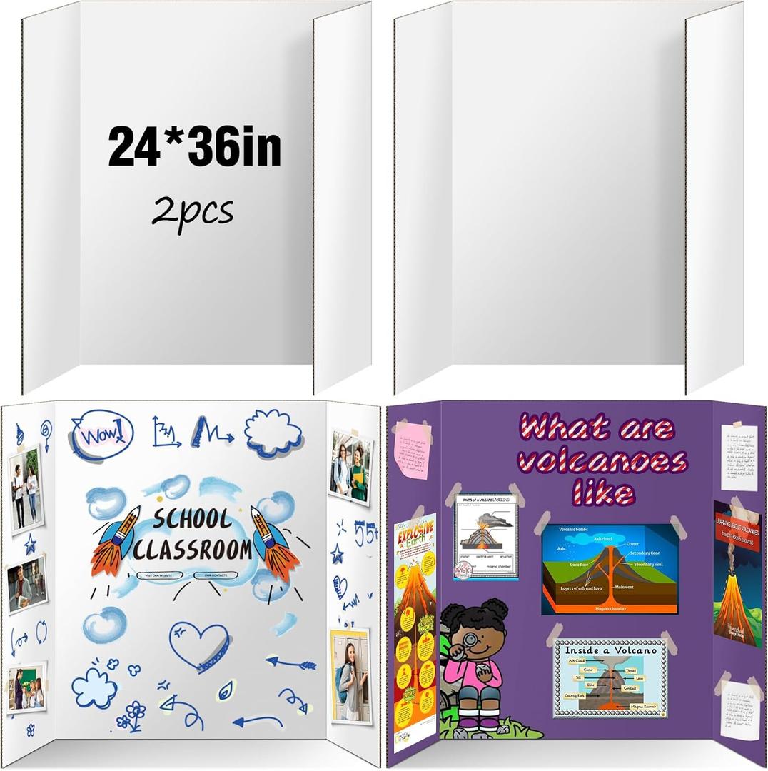 2 Pack Trifold Poster Board, IKAYAS 24" X 36" Double Sided White Tri-fold Poster Boards, Science Fair Display Boards Presentation Boards for Mounting, Art, Display, Projects Classroom Supplies