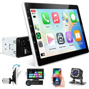 10.1 inch Single Din Car Stereo CarPlay Android Auto Mirror Link, Rimoody Detachable Touch Screen Car Radio with BT 5.0 FM/EQ USB/AUX/TF/SWC/MIC Car Audio Receiver Backup Camera