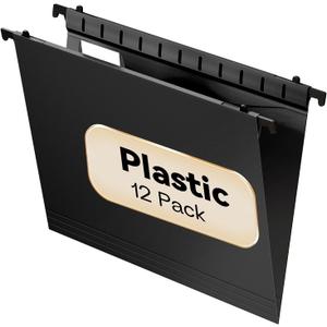 Plastic Hanging File Folder Letter Size,12 Pack Reinforced Heavy Duty Hanging Folders,Sturdy File Cabinet Folders,Black Hanging File Folder with Tabs,Hanging Folders for Filing Cabinet