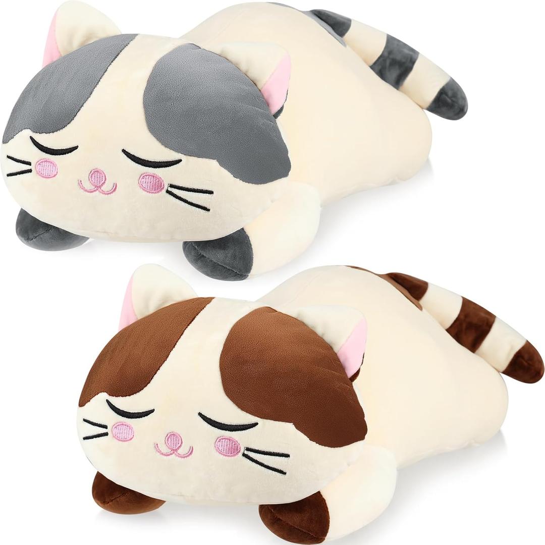 Jexine 2 Pcs 23.6'' Cat Plush Pillow, Cat Plush Hugging Pillow Large Kitty Kitten Plushies for Girls Soft Cute Stuffed Animal for Kids Christmas Birthday Gifts Cuddle, Gray and Brown