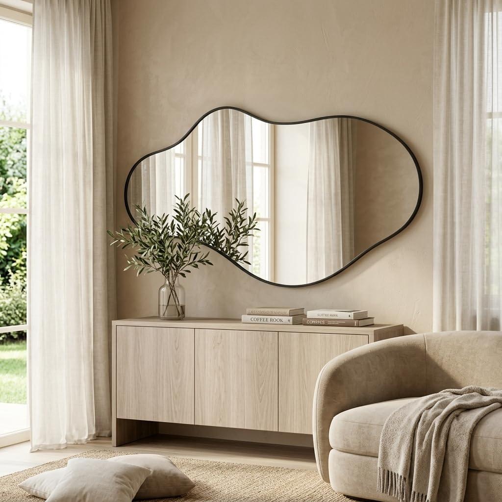 Irregular Wall Mirror 22"x40" Black Abstract Asymmetrical Mirrors for Wall, Decorative Wavy Mirror for Entryway, Bedroom, Cloakroom, Living Room, Aluminum Alloy Frame