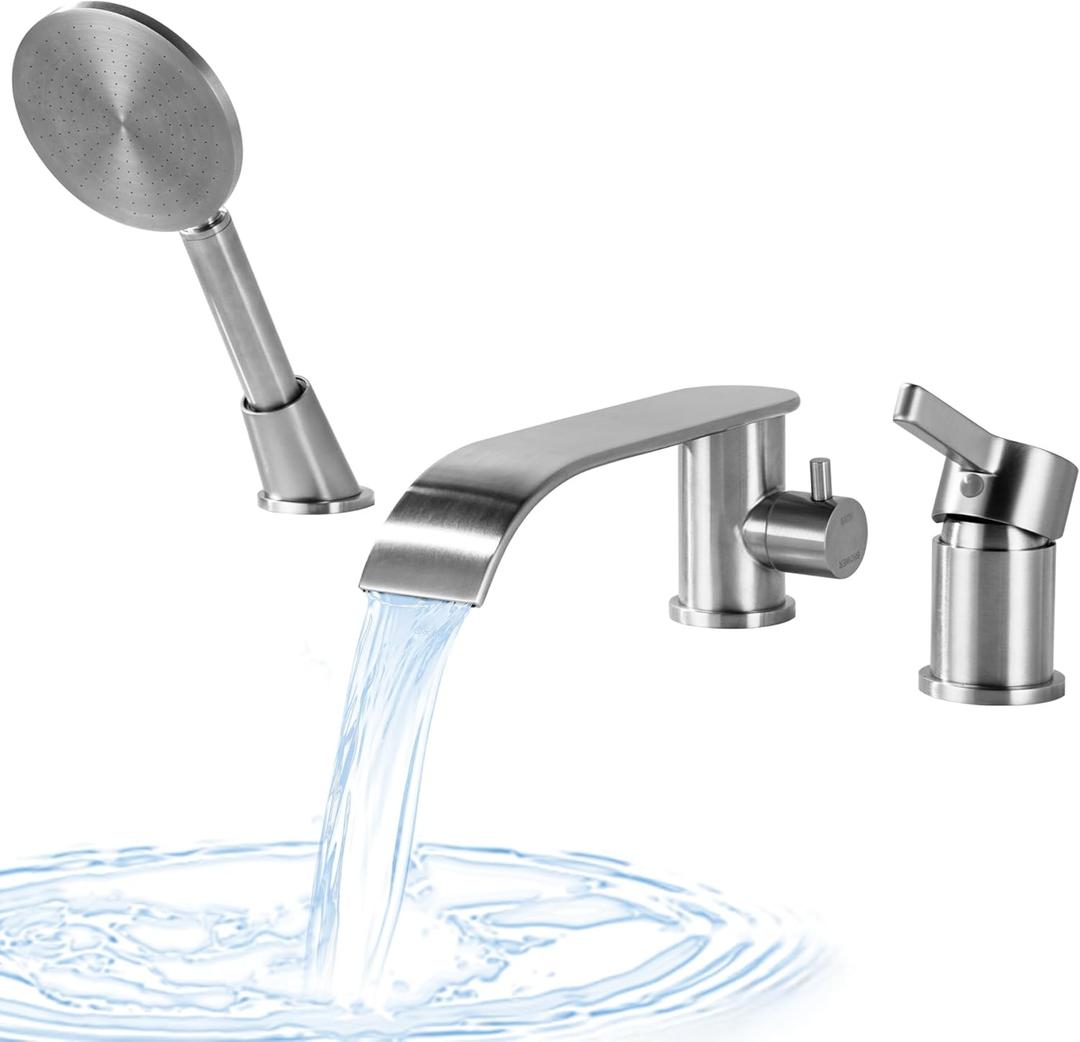 LUOGULIANG Roman Tub Faucet with Hand Shower, Deck Mount Bathtub Filler Faucet with Sprayer, 3 Hole Waterfall Single Handle Tub Filler with 360° Spout, Brushed Nickel